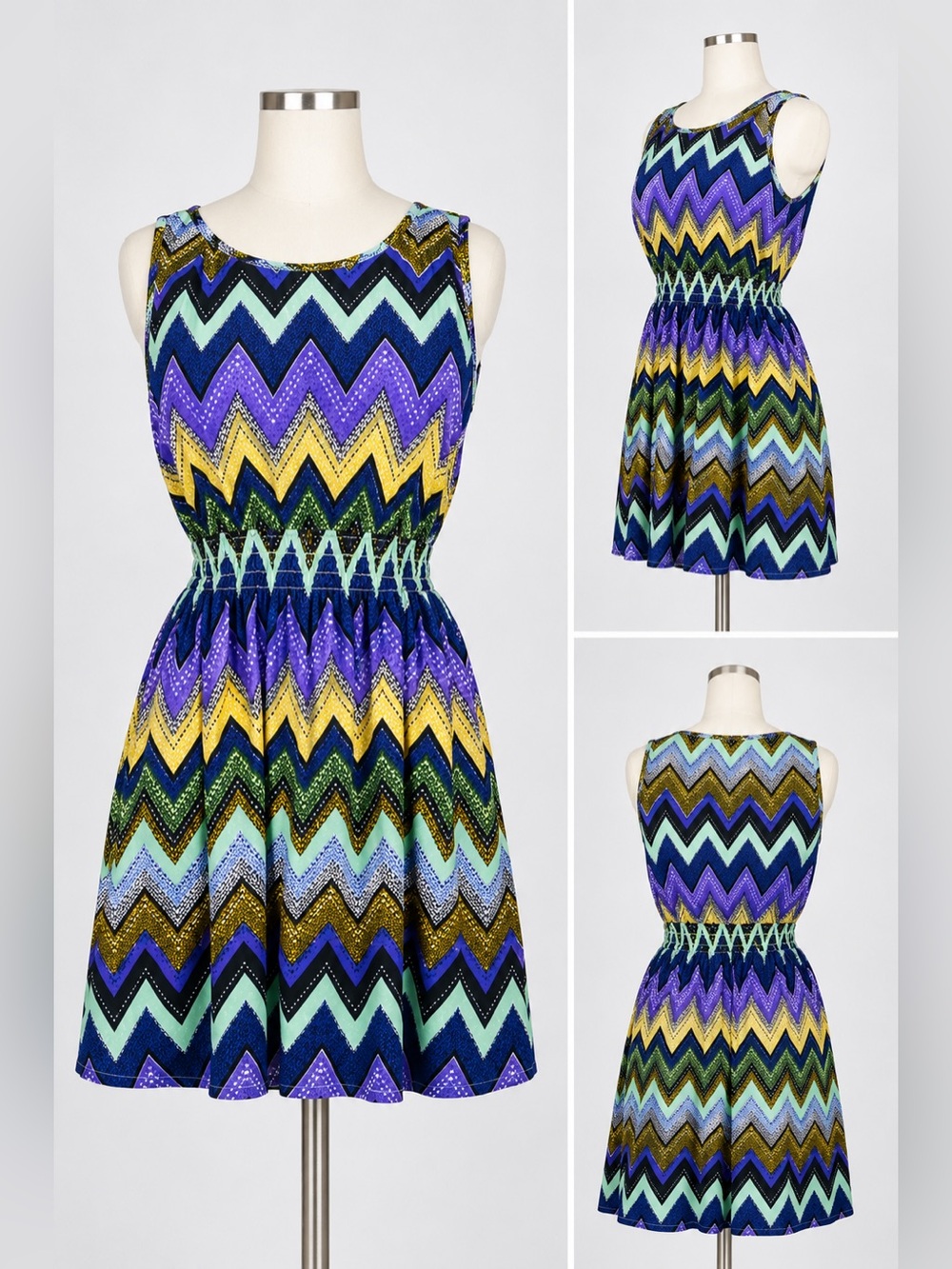 Sleeveless Chevron Mini Dress in Purple, Aqua & Yellow